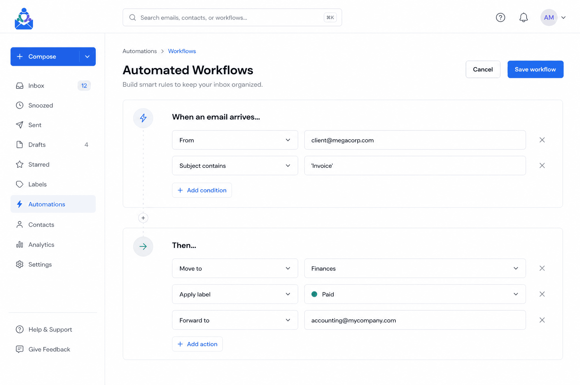 The workflow builder in InboxCoagent, showing a rule being created to automatically sort and forward invoices.